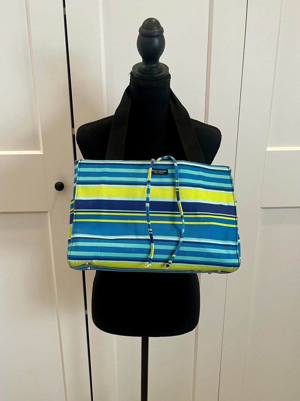 Kate Spade Turquoise, Lime & Navy Striped Canvas Tote Multiple Compartments NWOT